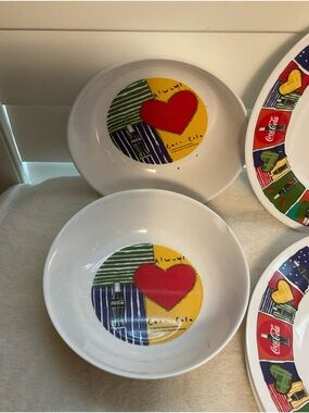 Coca-Cola White Ceramic Bowls with Red Heart and Yellow, Green Accents